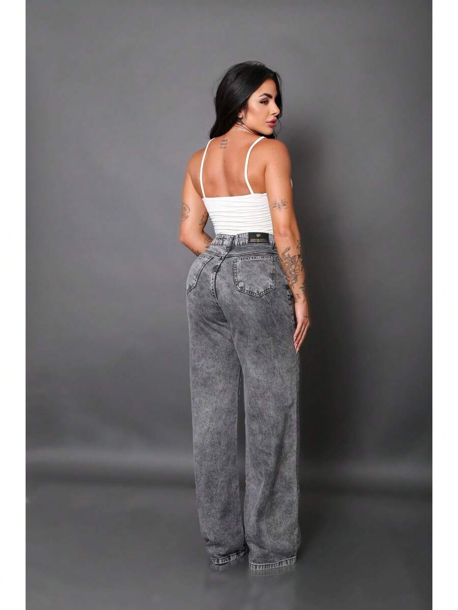 Calça Wide Leg Pantalona Jeans Feminina Cintura Alta