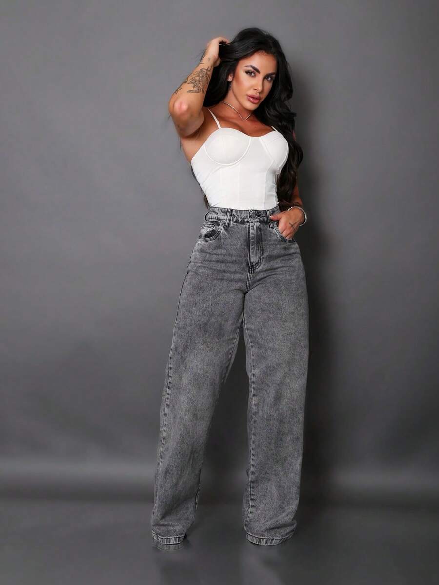 Calça Wide Leg Pantalona Jeans Feminina Cintura Alta