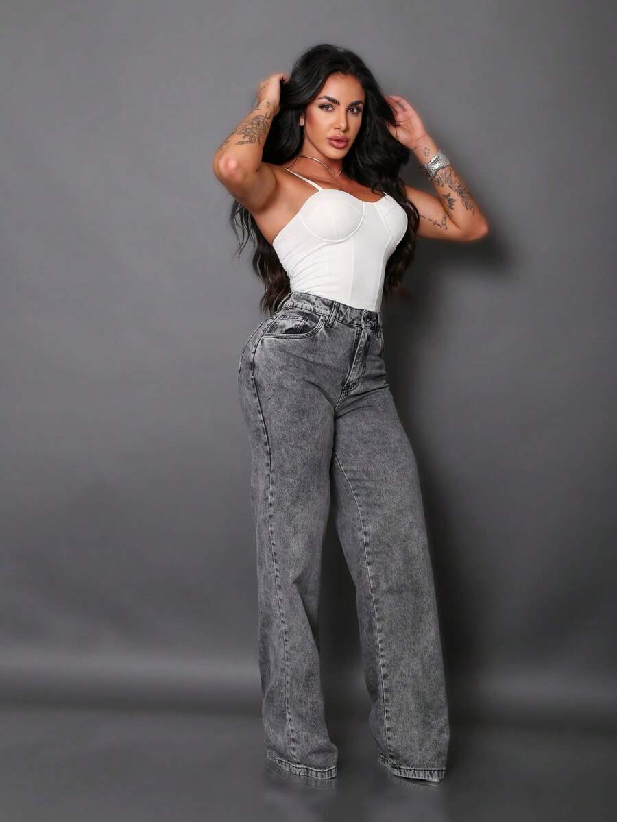 Calça Wide Leg Pantalona Jeans Feminina Cintura Alta