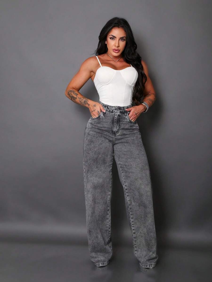 Calça Wide Leg Pantalona Jeans Feminina Cintura Alta
