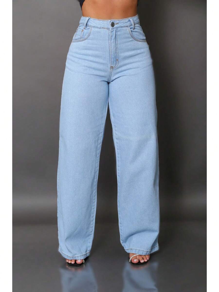 Calça Wide Leg Pantalona Jeans Feminina Cintura Alta