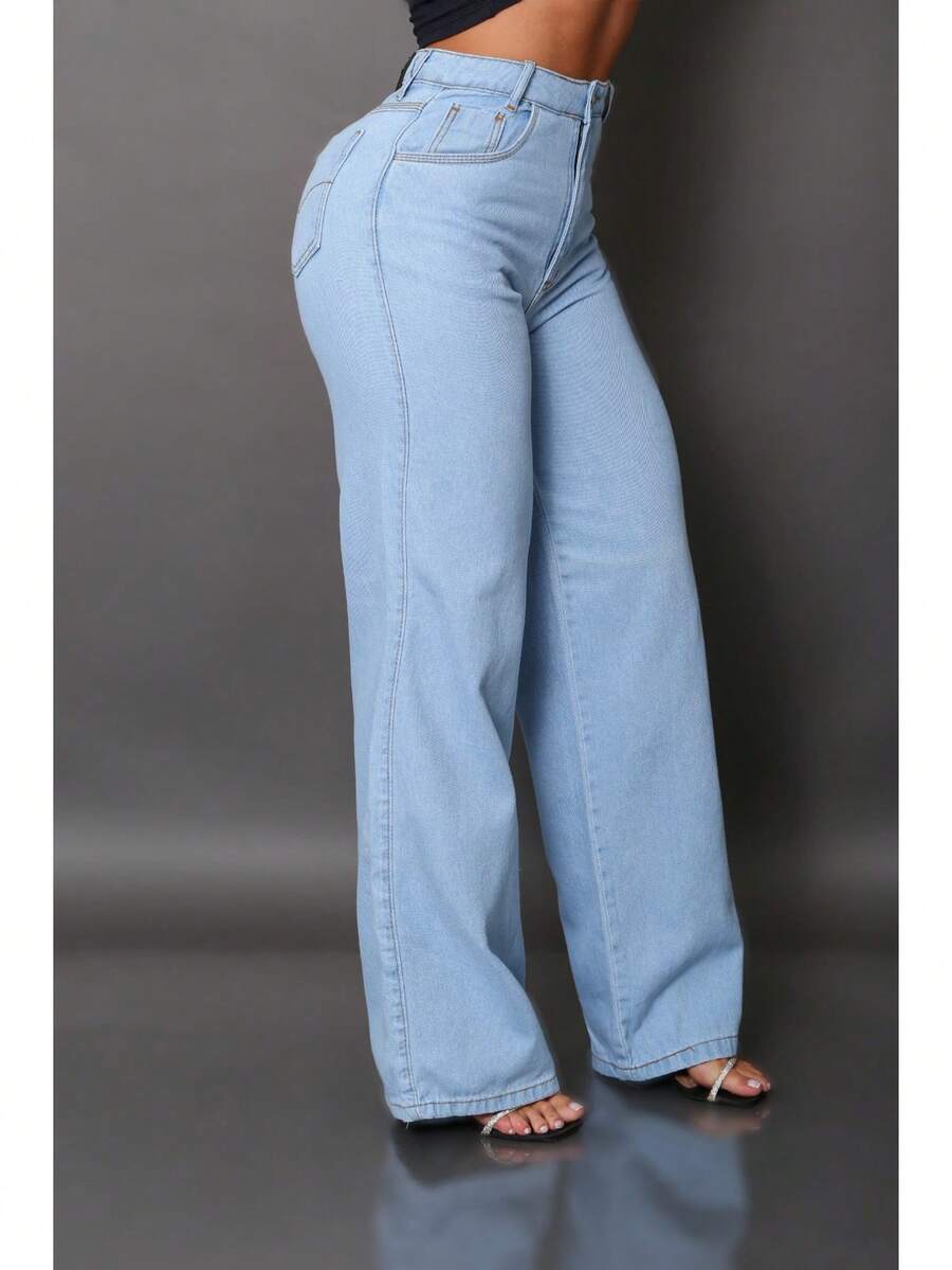 Calça Wide Leg Pantalona Jeans Feminina Cintura Alta