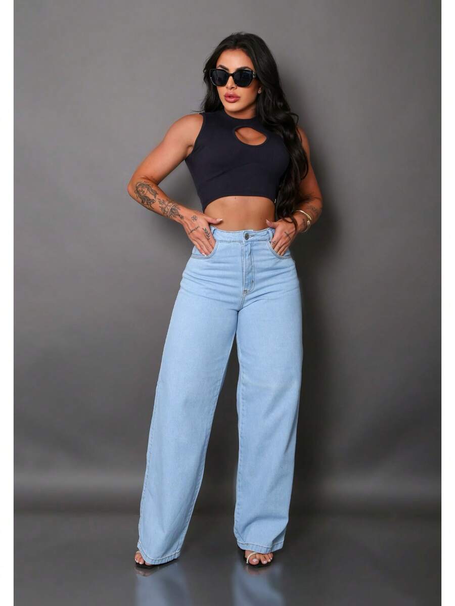 Calça Wide Leg Pantalona Jeans Feminina Cintura Alta