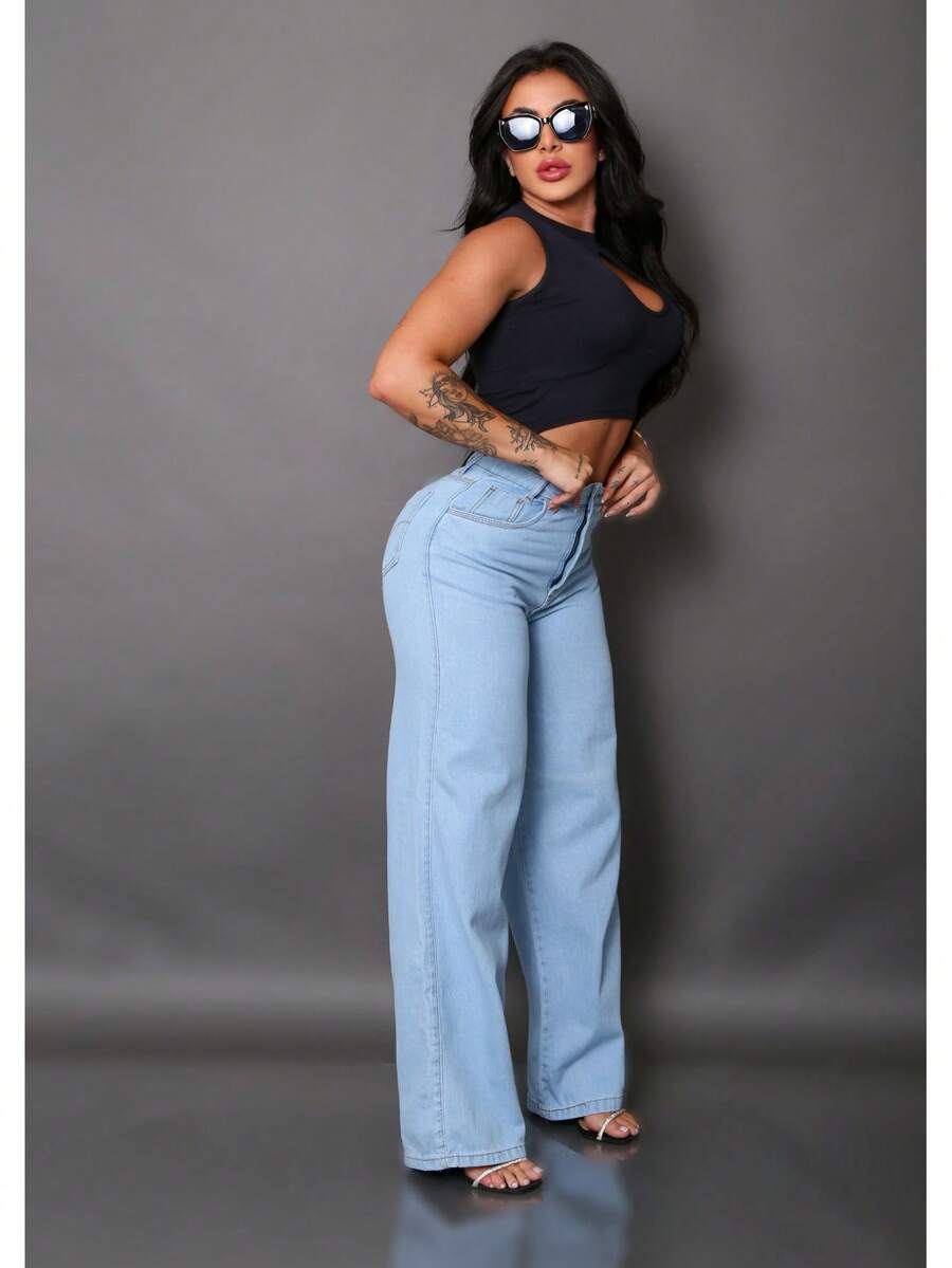 Calça Wide Leg Pantalona Jeans Feminina Cintura Alta
