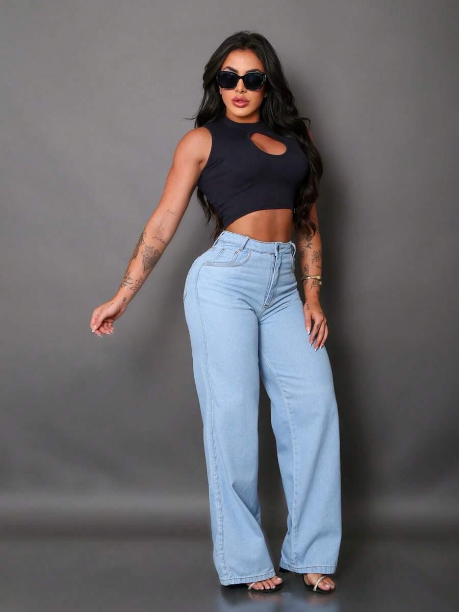 Calça Wide Leg Pantalona Jeans Feminina Cintura Alta