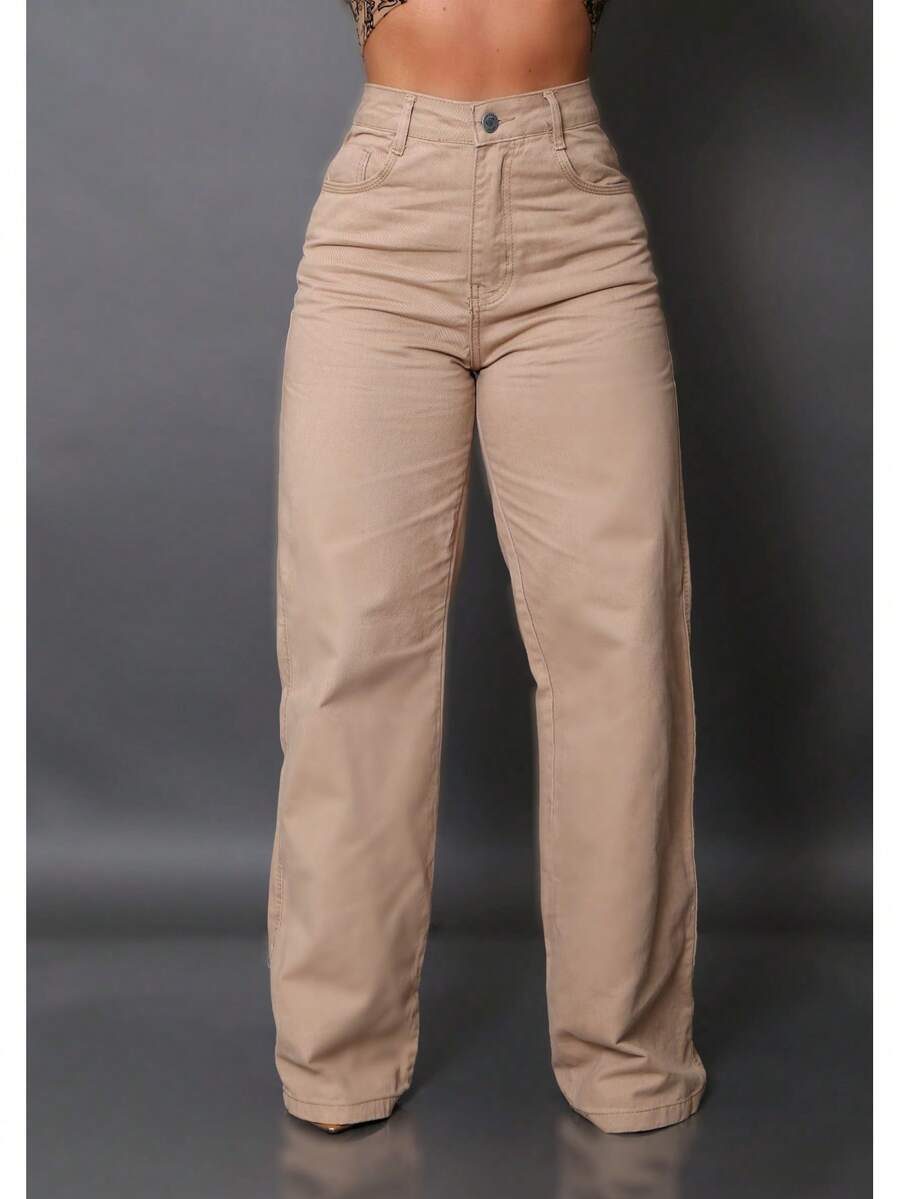 Calça Wide Leg Pantalona Jeans Feminina Cintura Alta