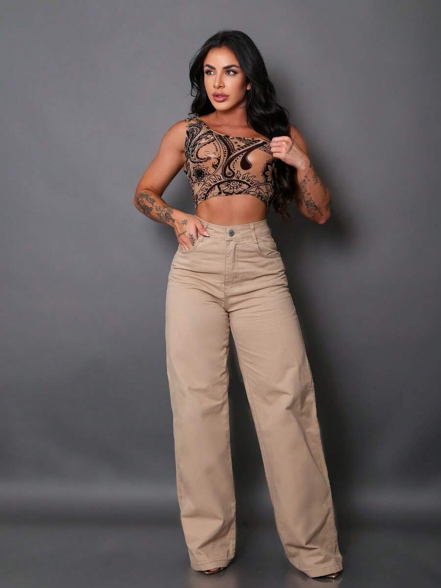 Calça Wide Leg Pantalona Jeans Feminina Cintura Alta