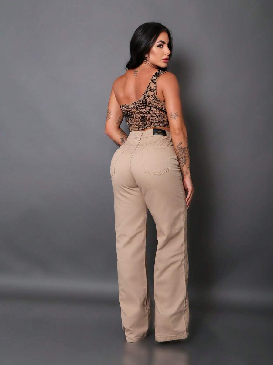 Calça Wide Leg Pantalona Jeans Feminina Cintura Alta