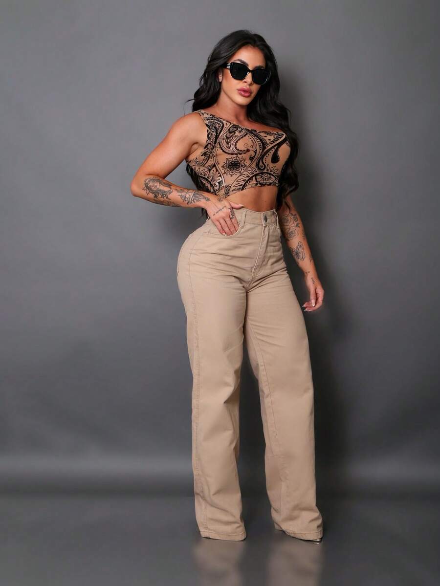 Calça Wide Leg Pantalona Jeans Feminina Cintura Alta