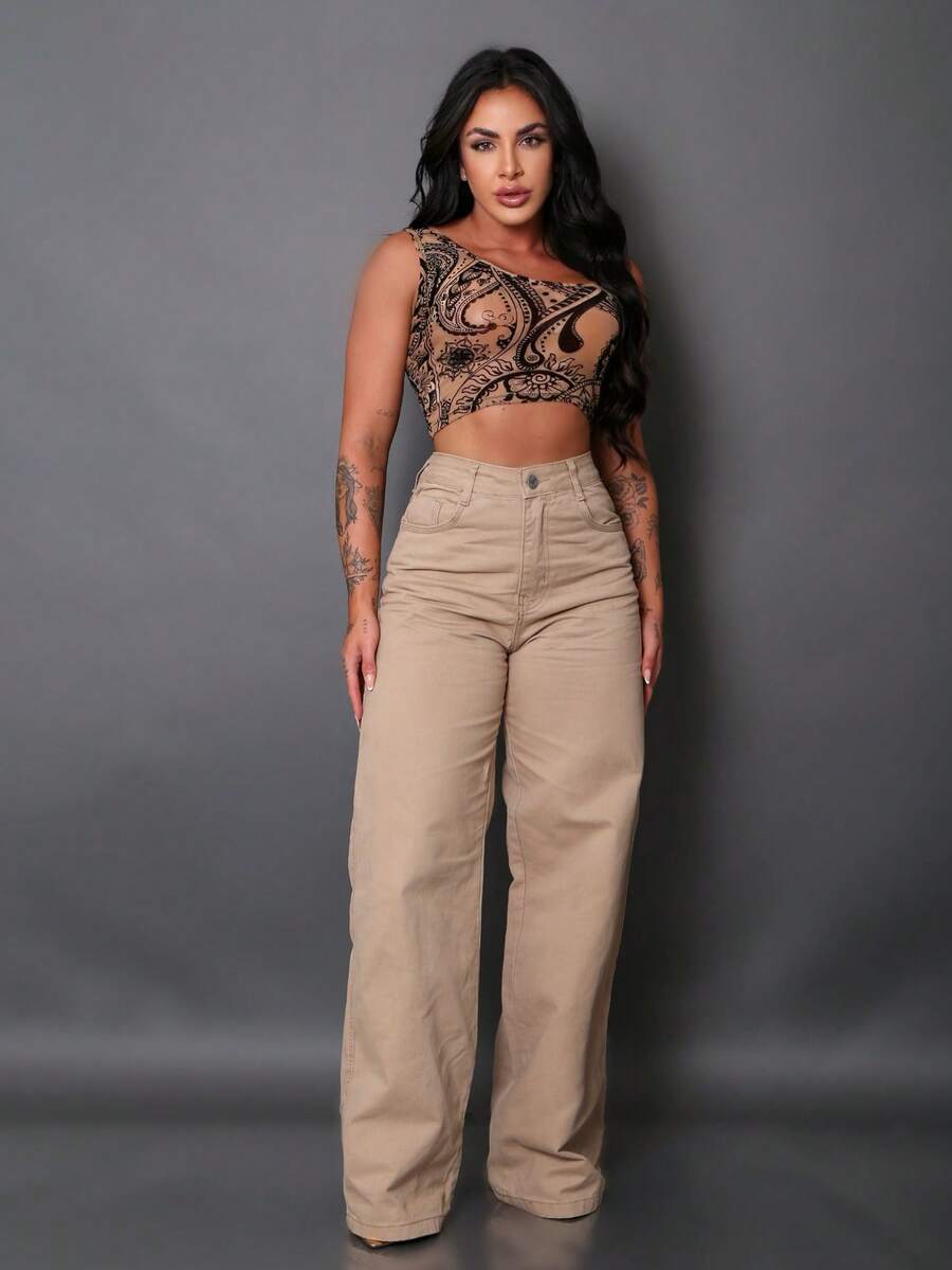Calça Wide Leg Pantalona Jeans Feminina Cintura Alta