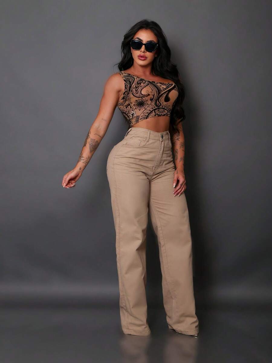 Calça Wide Leg Pantalona Jeans Feminina Cintura Alta