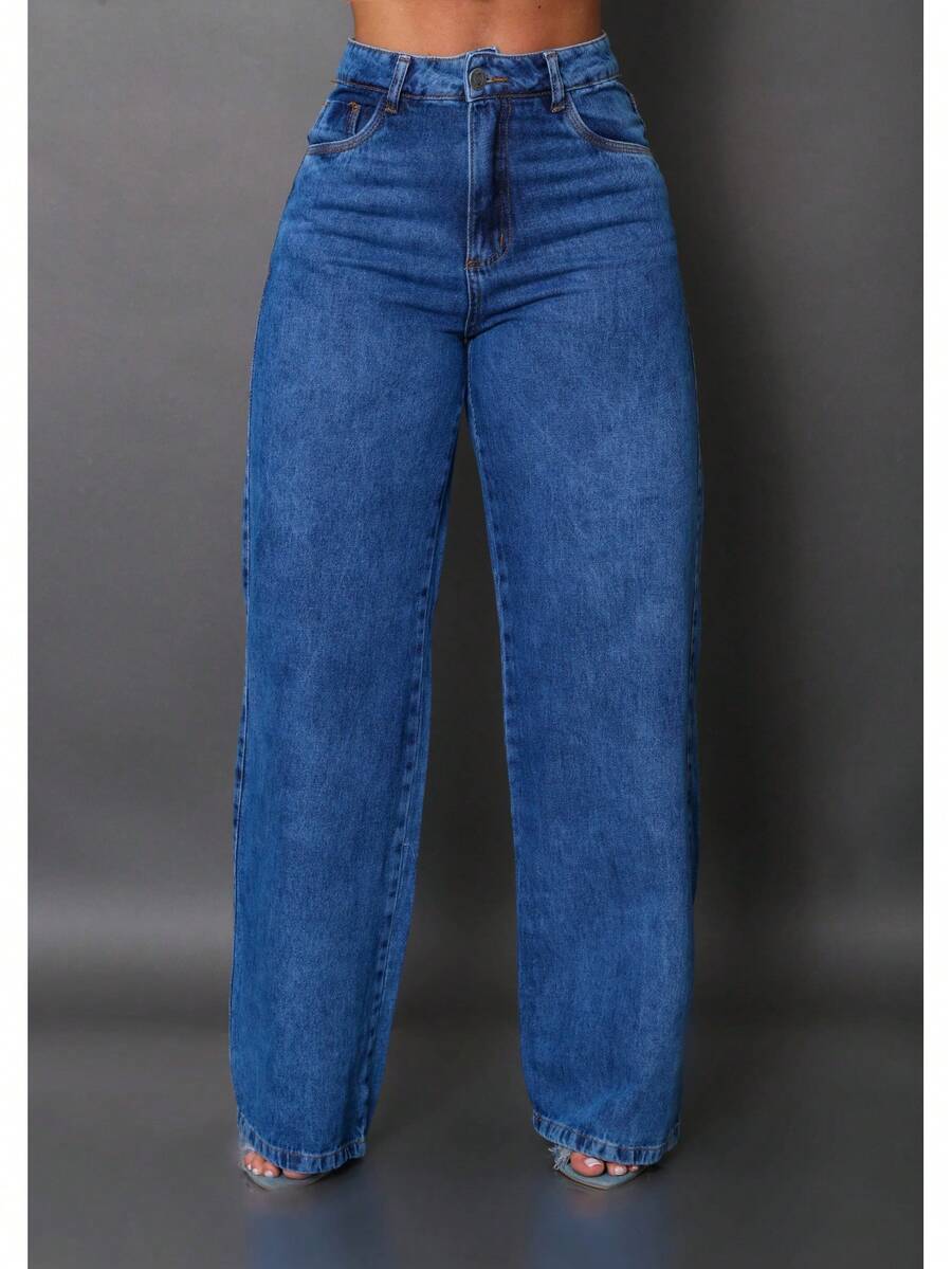 Calça Wide Leg Pantalona Jeans Feminina Cintura Alta