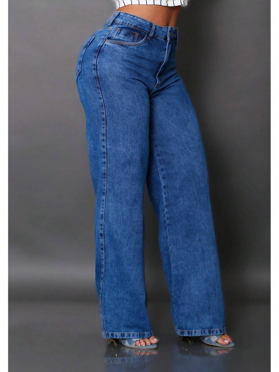 Calça Wide Leg Pantalona Jeans Feminina Cintura Alta