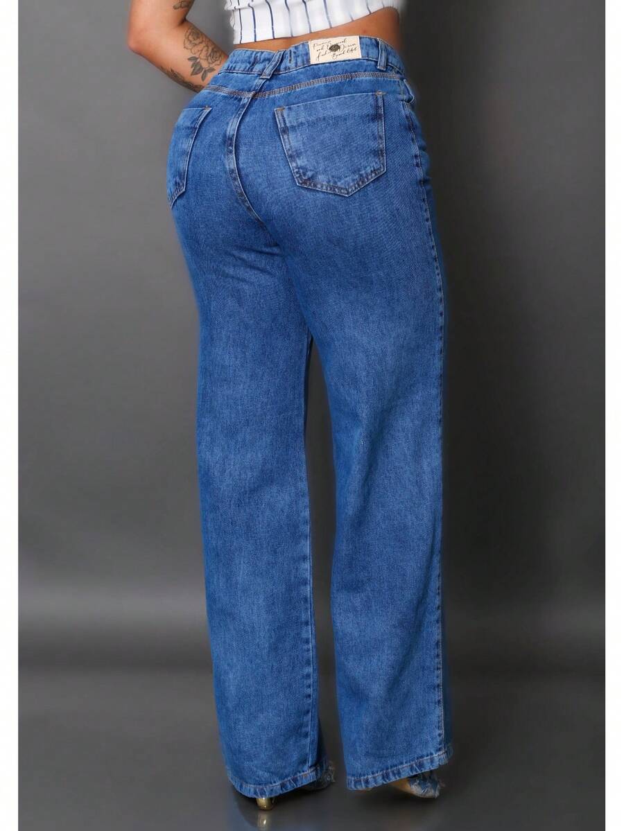 Calça Wide Leg Pantalona Jeans Feminina Cintura Alta