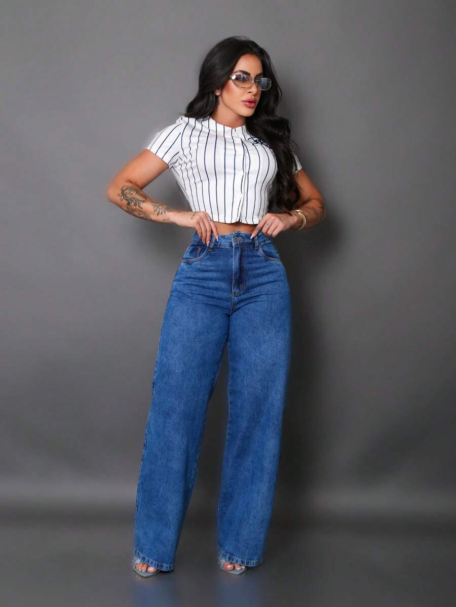 Calça Wide Leg Pantalona Jeans Feminina Cintura Alta