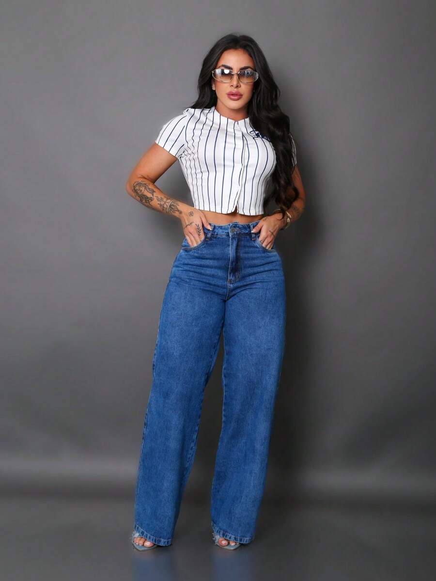 Calça Wide Leg Pantalona Jeans Feminina Cintura Alta