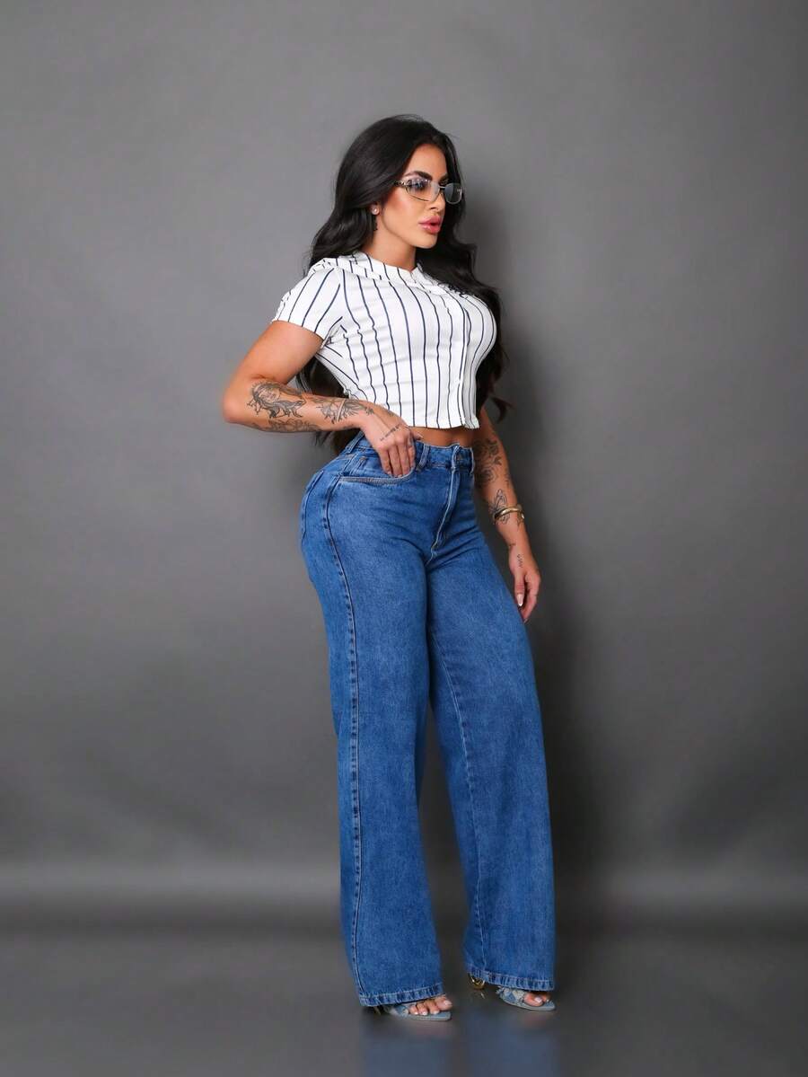 Calça Wide Leg Pantalona Jeans Feminina Cintura Alta