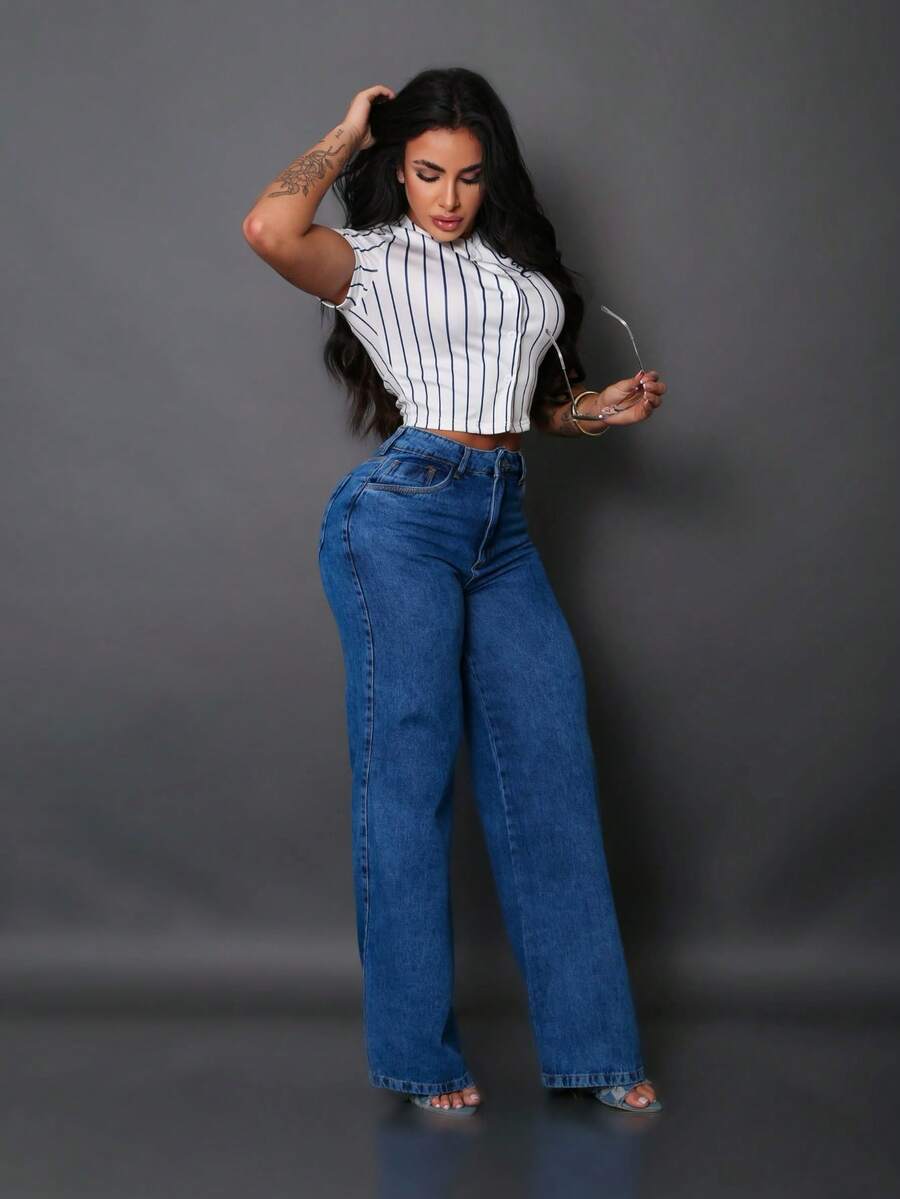 Calça Wide Leg Pantalona Jeans Feminina Cintura Alta