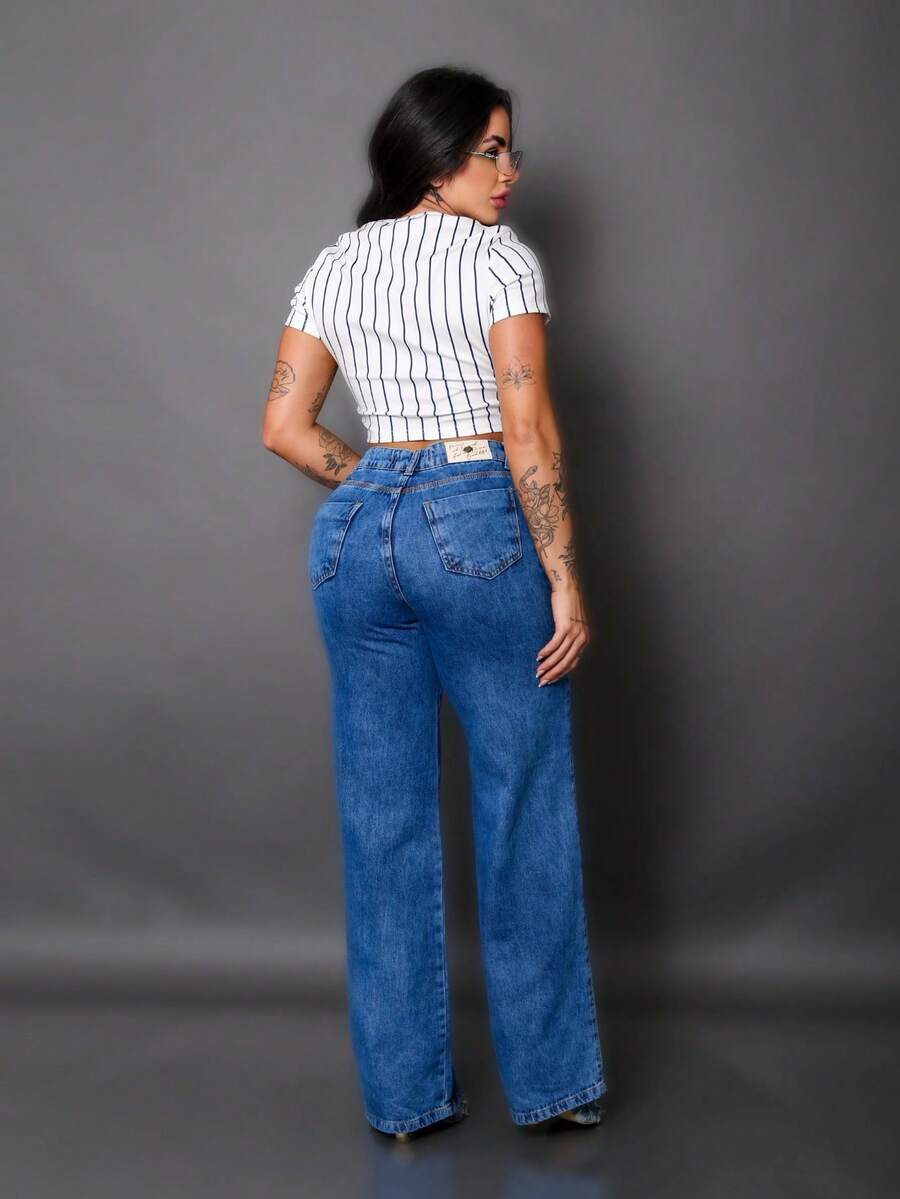 Calça Wide Leg Pantalona Jeans Feminina Cintura Alta