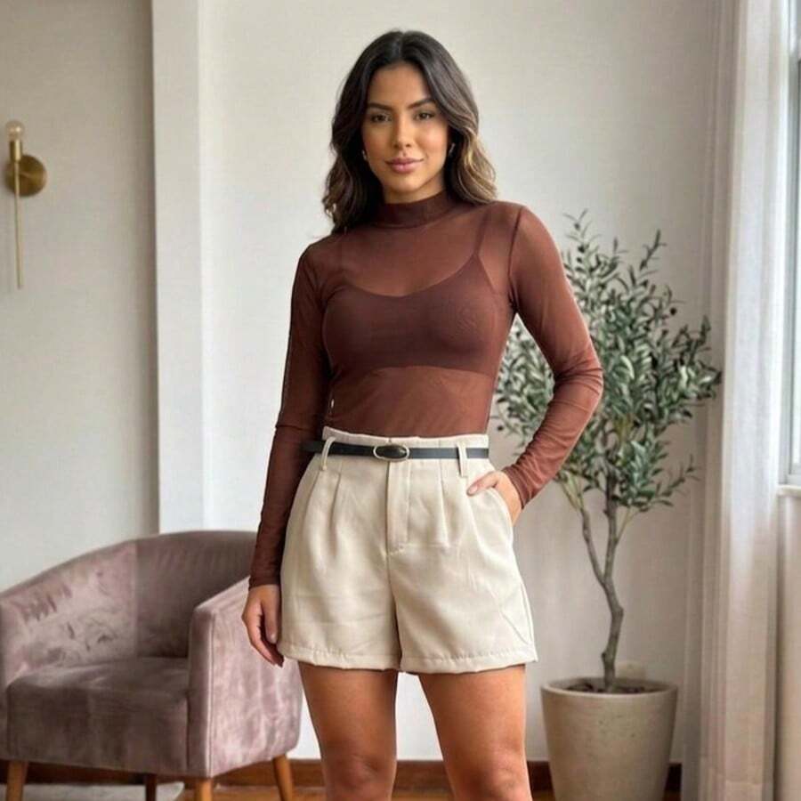 Body Feminino Tule Transparente Manga Longa