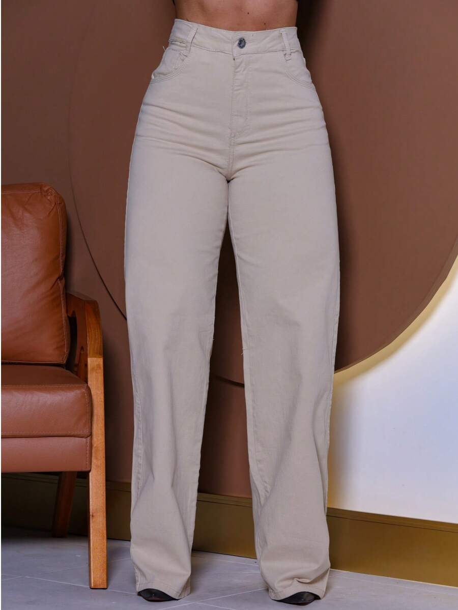 Calça Wide Leg Pantalona Jeans Feminina Cintura Alta