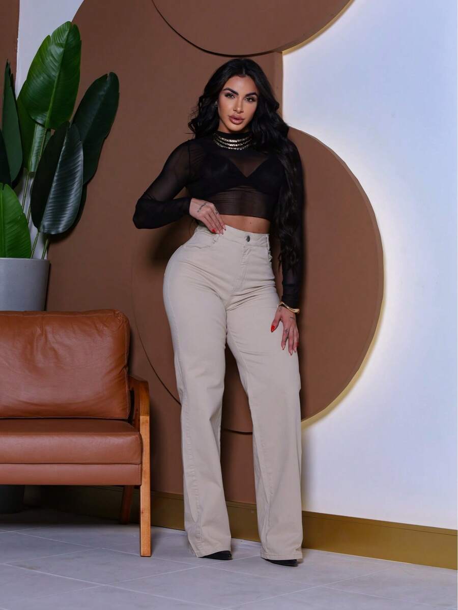 Calça Wide Leg Pantalona Jeans Feminina Cintura Alta