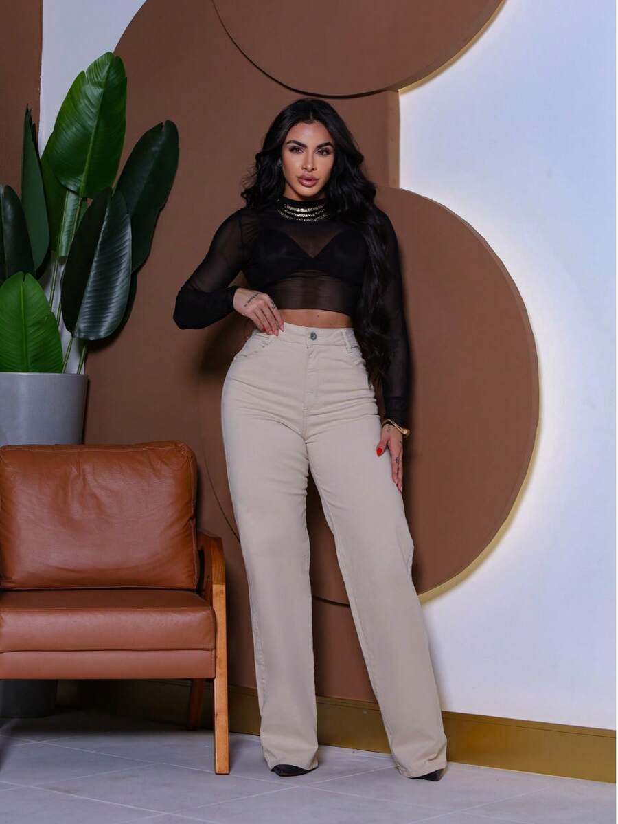Calça Wide Leg Pantalona Jeans Feminina Cintura Alta