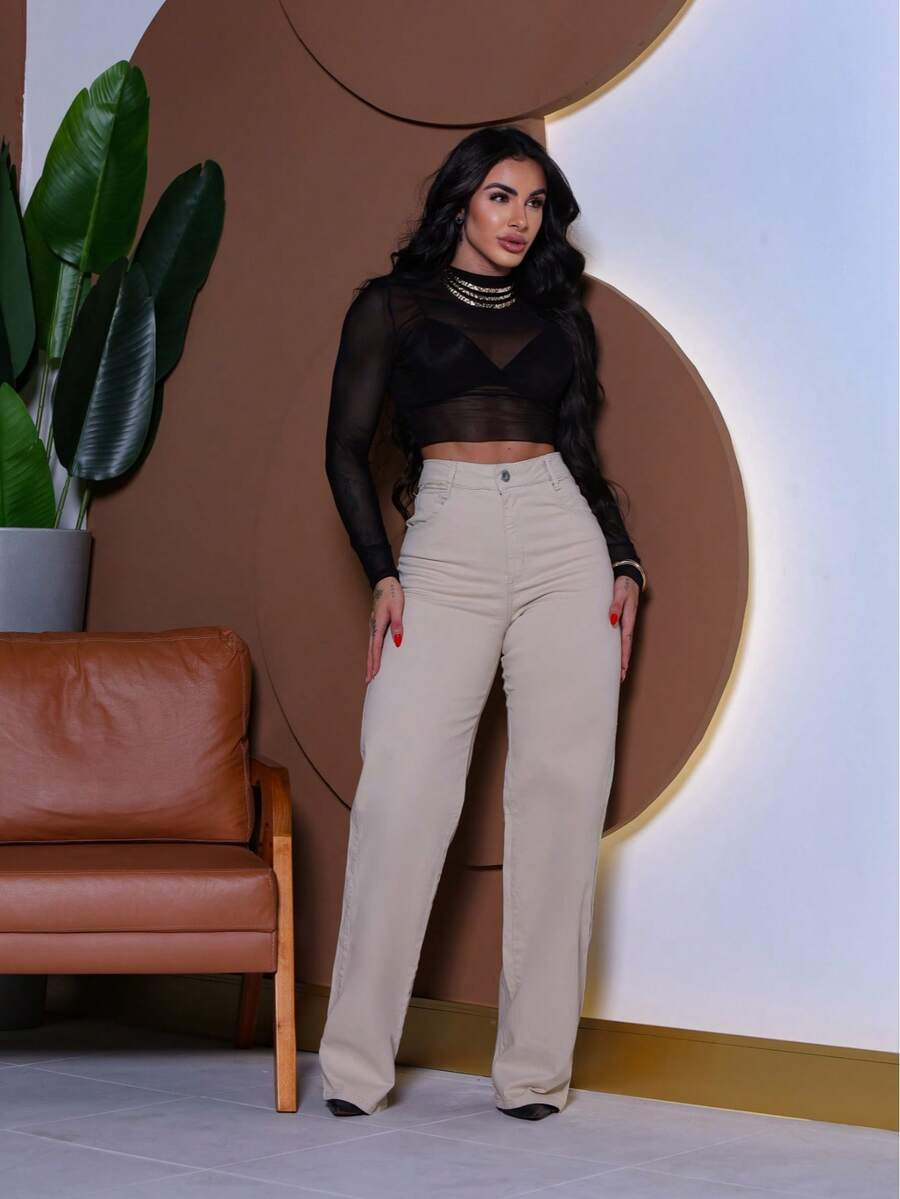 Calça Wide Leg Pantalona Jeans Feminina Cintura Alta