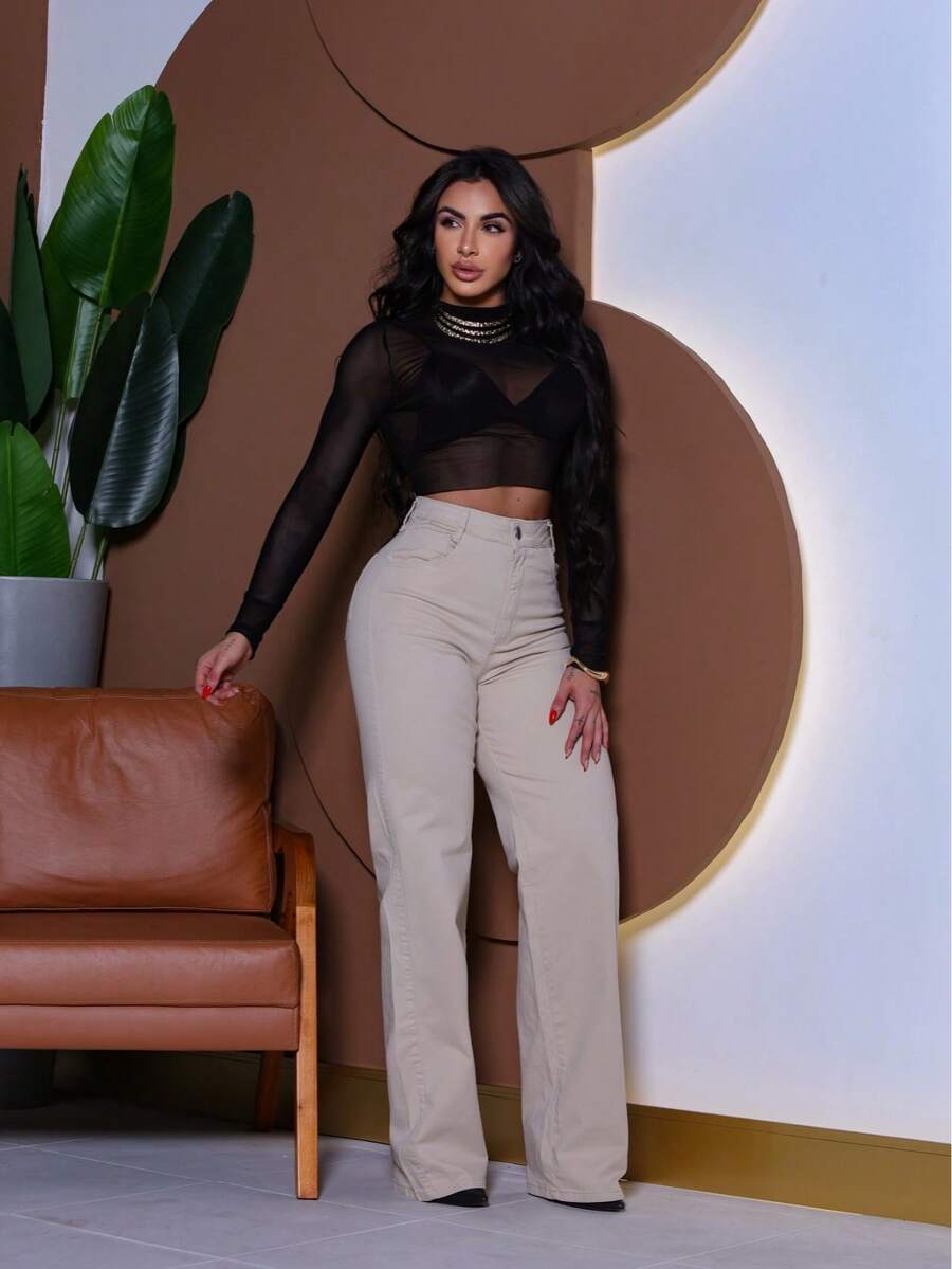 Calça Wide Leg Pantalona Jeans Feminina Cintura Alta