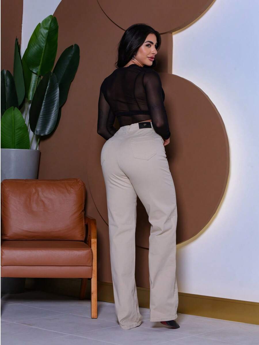 Calça Wide Leg Pantalona Jeans Feminina Cintura Alta
