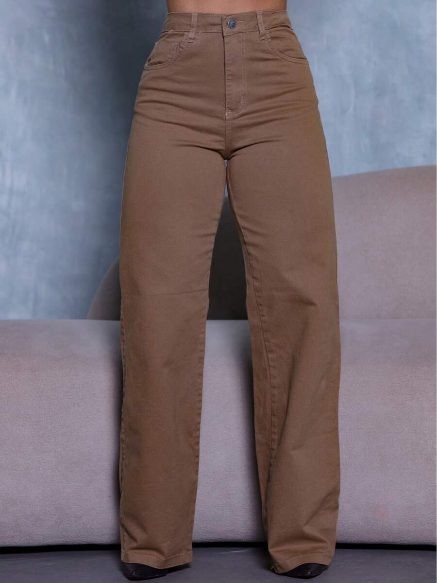 Calça Wide Leg Pantalona Jeans Feminina Cintura Alta