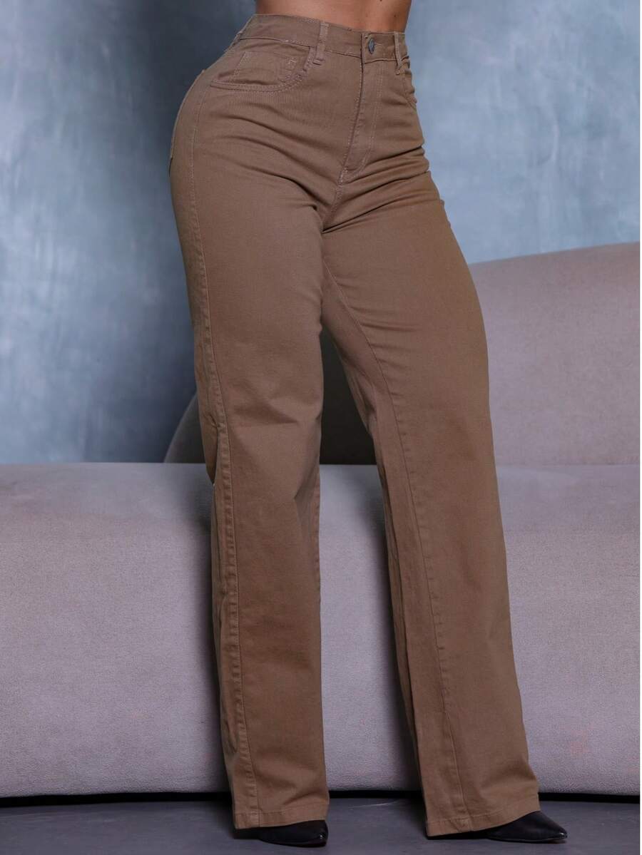 Calça Wide Leg Pantalona Jeans Feminina Cintura Alta