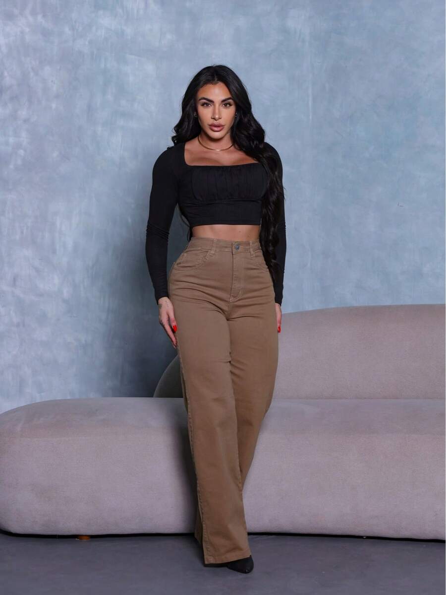 Calça Wide Leg Pantalona Jeans Feminina Cintura Alta