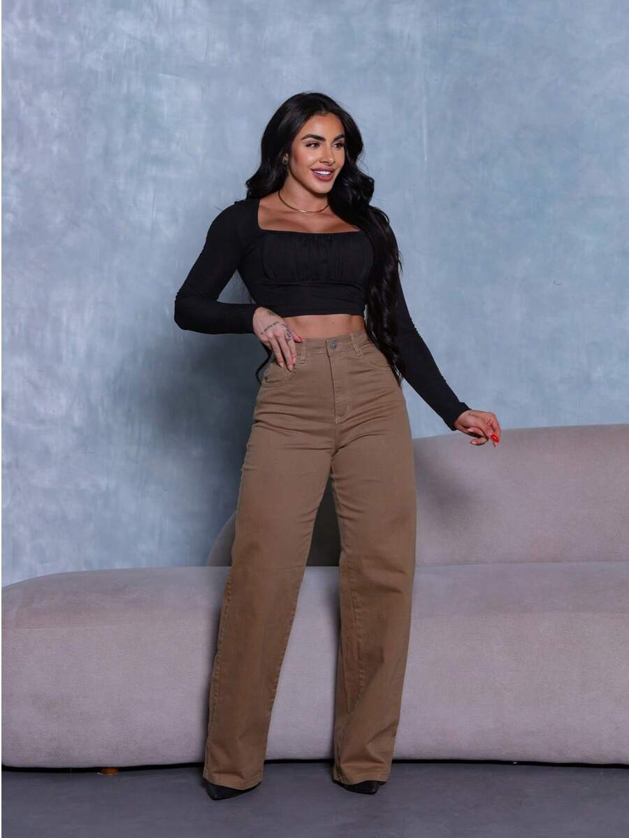 Calça Wide Leg Pantalona Jeans Feminina Cintura Alta