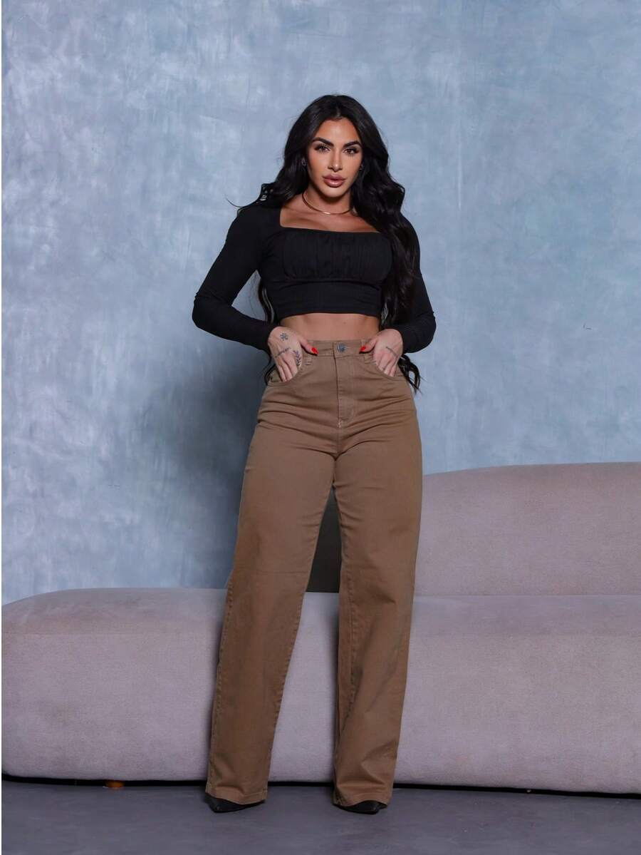 Calça Wide Leg Pantalona Jeans Feminina Cintura Alta
