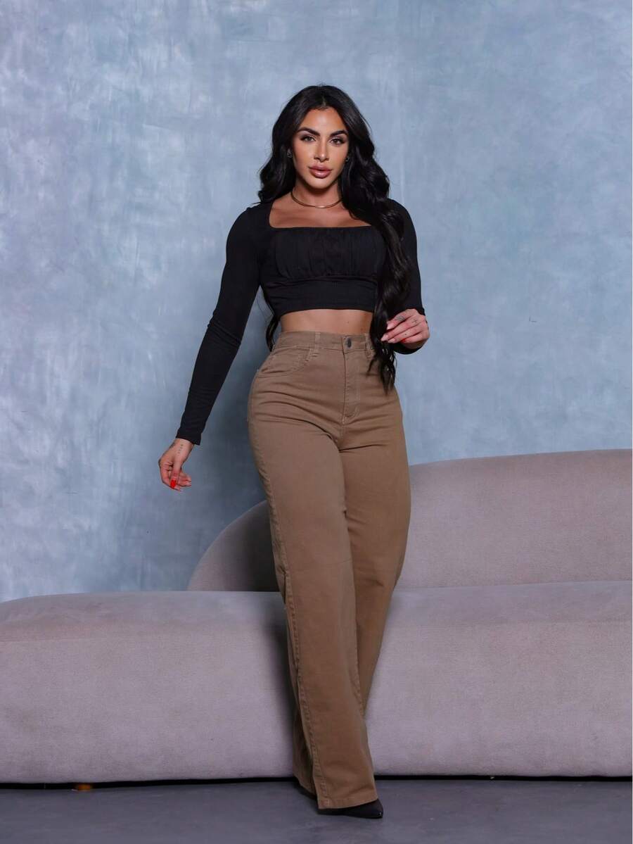 Calça Wide Leg Pantalona Jeans Feminina Cintura Alta