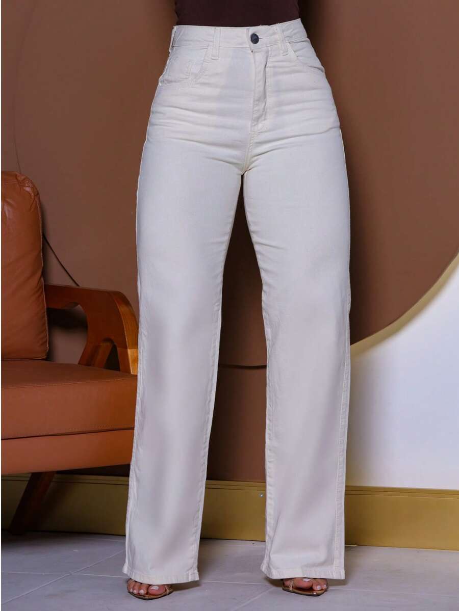 Calça Wide Leg Pantalona Jeans Feminina Cintura Alta