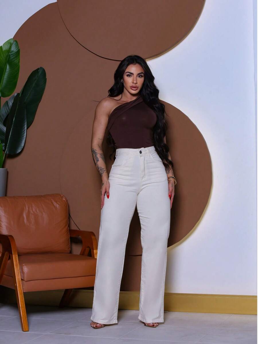 Calça Wide Leg Pantalona Jeans Feminina Cintura Alta