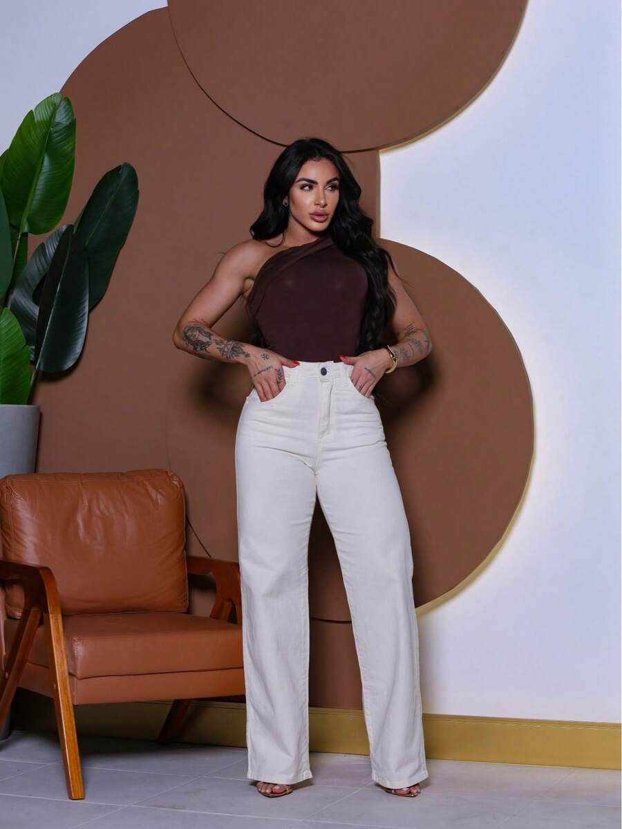 Calça Wide Leg Pantalona Jeans Feminina Cintura Alta