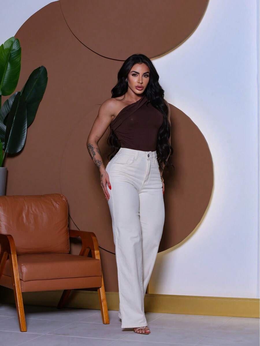 Calça Wide Leg Pantalona Jeans Feminina Cintura Alta