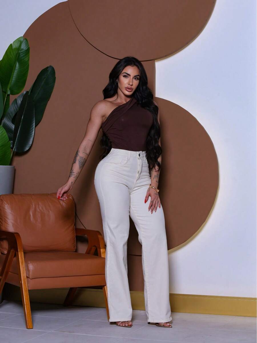 Calça Wide Leg Pantalona Jeans Feminina Cintura Alta