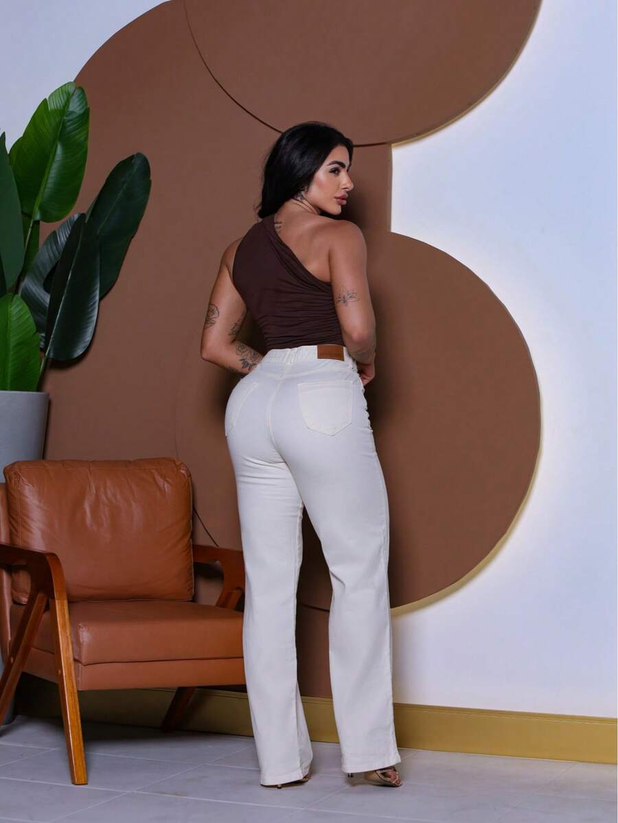 Calça Wide Leg Pantalona Jeans Feminina Cintura Alta