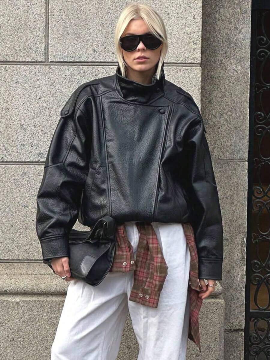 Jaqueta de Couro Solta Feminina Outono Inverno