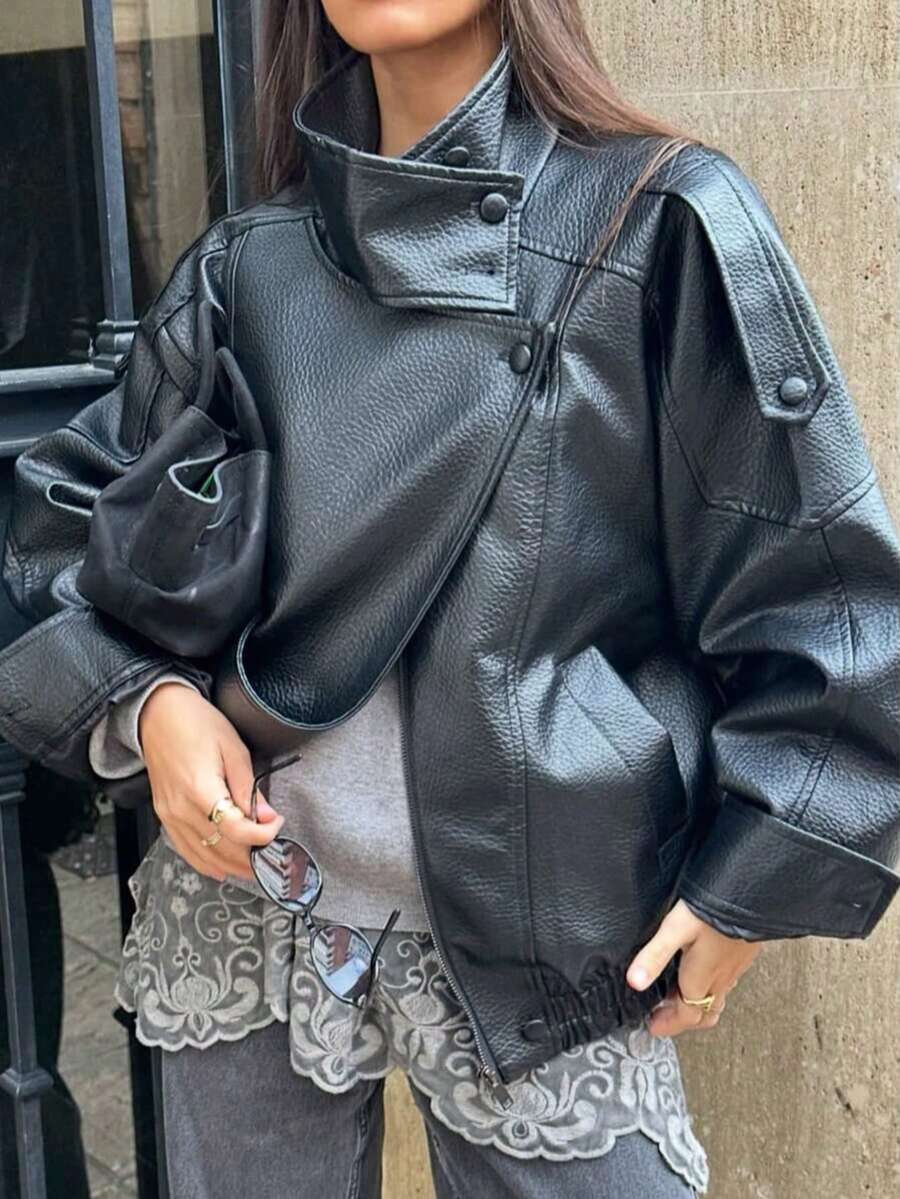 Jaqueta de Couro Solta Feminina Outono Inverno