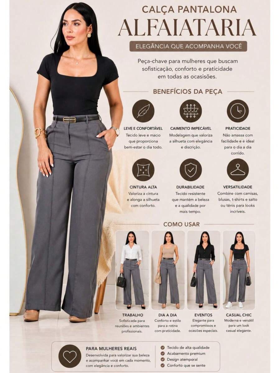 Calça Pantalona Feminina Social Alfaiataria