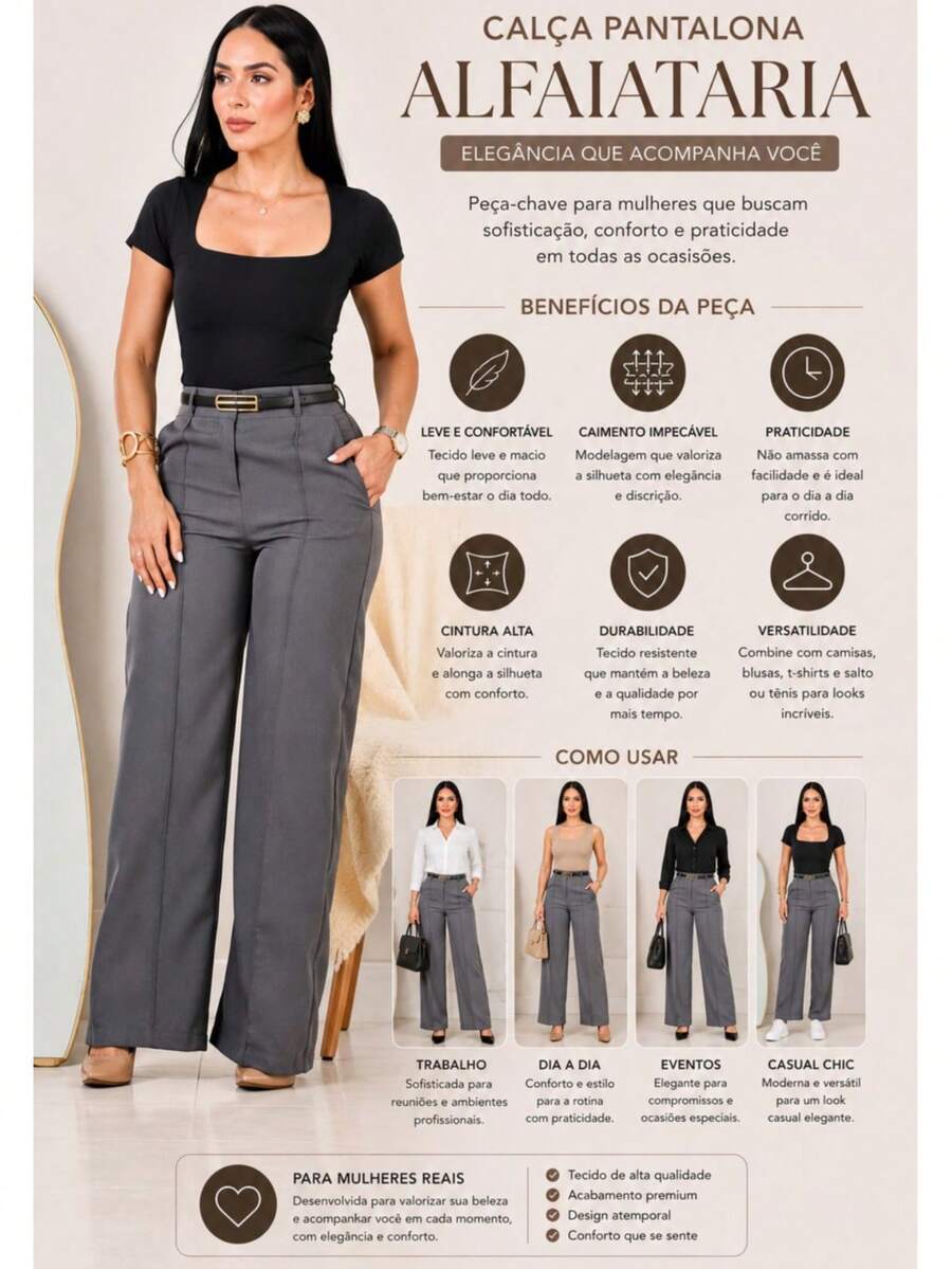 Calça Pantalona Feminina Social Alfaiataria