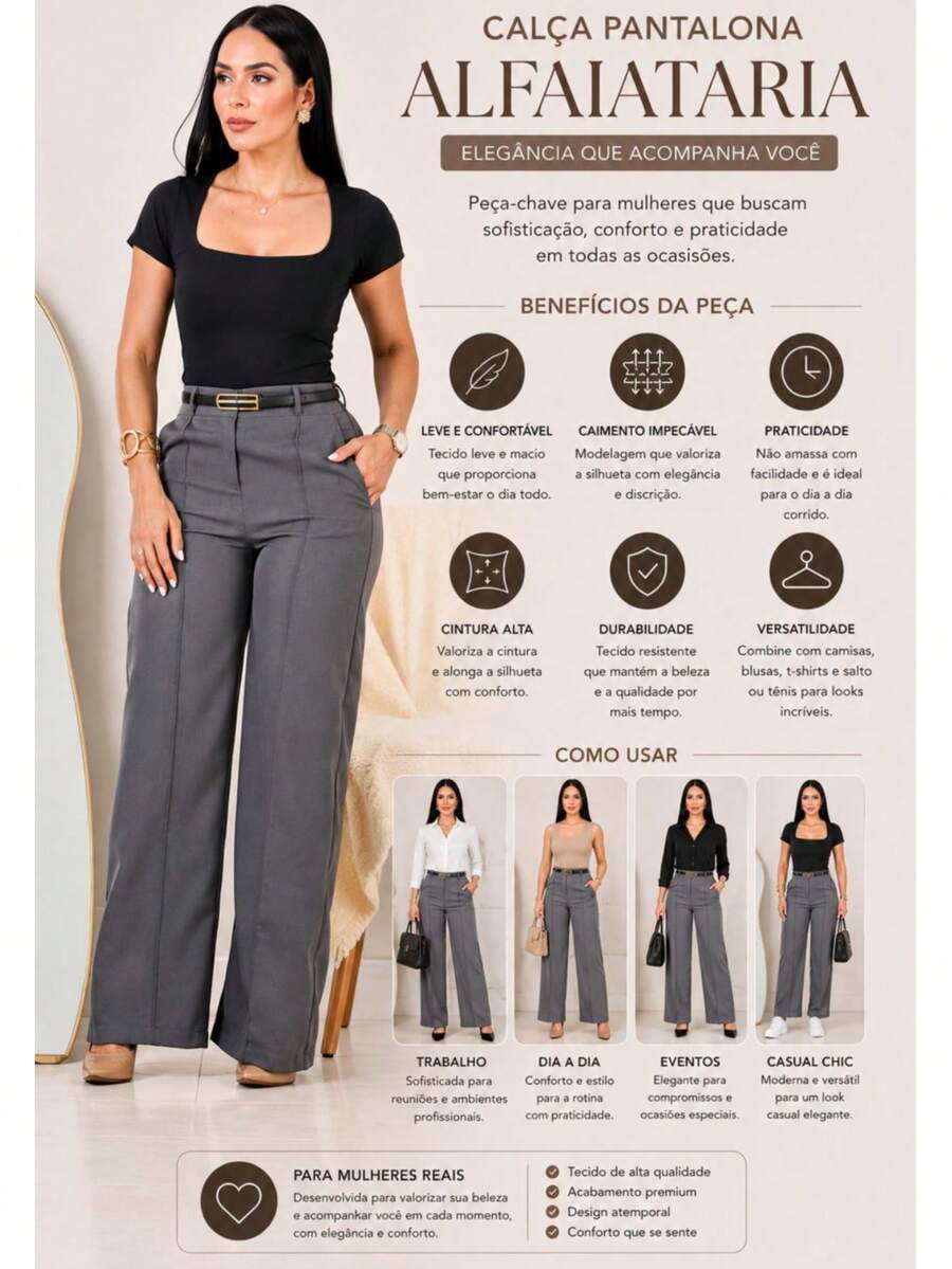 Calça Pantalona Feminina Social Alfaiataria