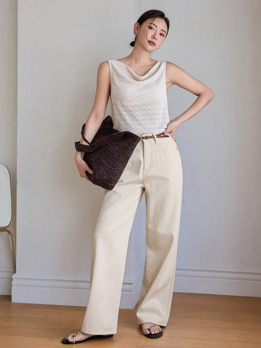 Calça Jeans De Cintura Alta Lavados De Pernas Largas