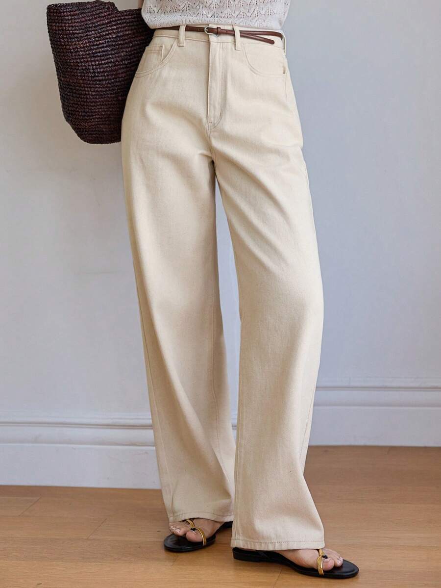 Calça Jeans De Cintura Alta Lavados De Pernas Largas