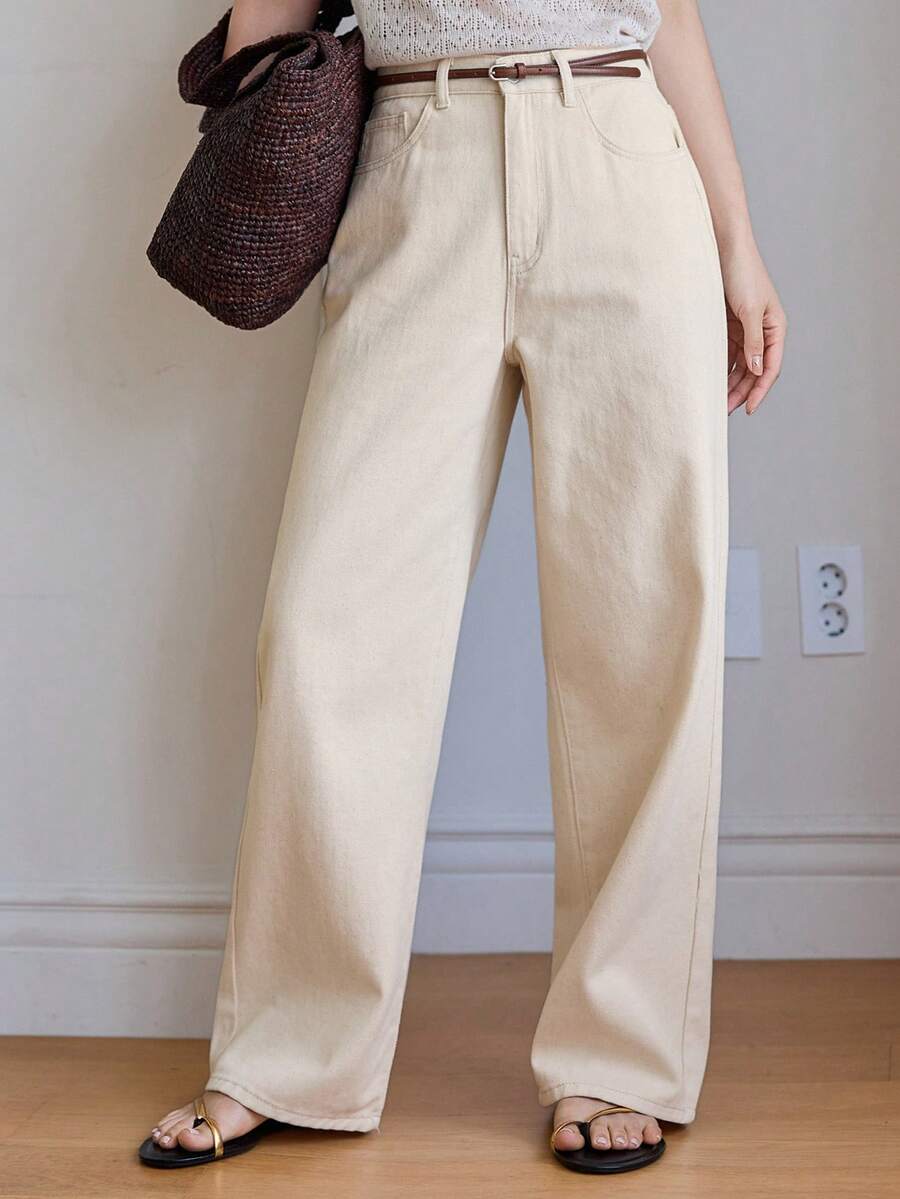 Calça Jeans De Cintura Alta Lavados De Pernas Largas
